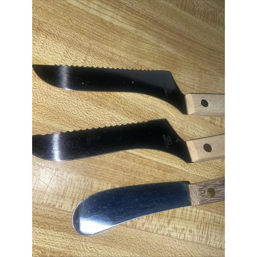 3 Cheese Knives Stainless Steel Wood Handle Vintage JAPAN Frontier Forge